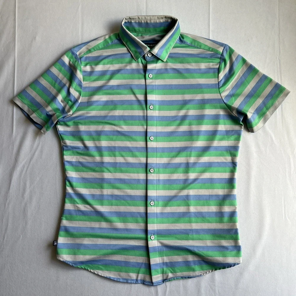 Mizzen+Main Shirt Mens Small Short Sleeve Button Up Halyard Multi Stripe Stretch
